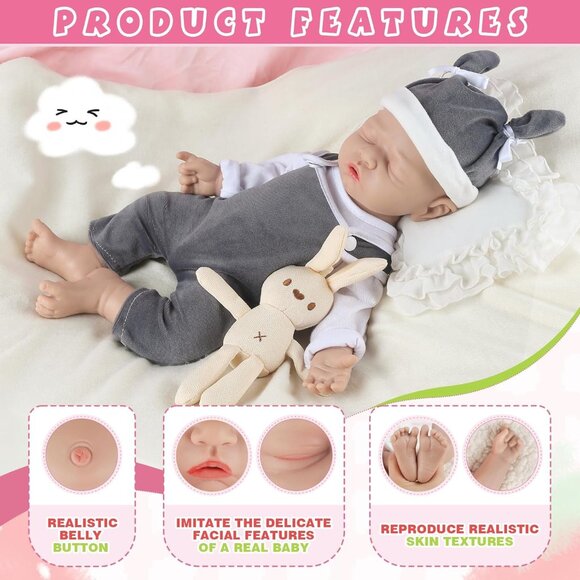 🆕12Inch Full Platinum Silicone Reborn Baby Dolls Eye Closed Boy with Doll Cloth - Picture 3 of 5
